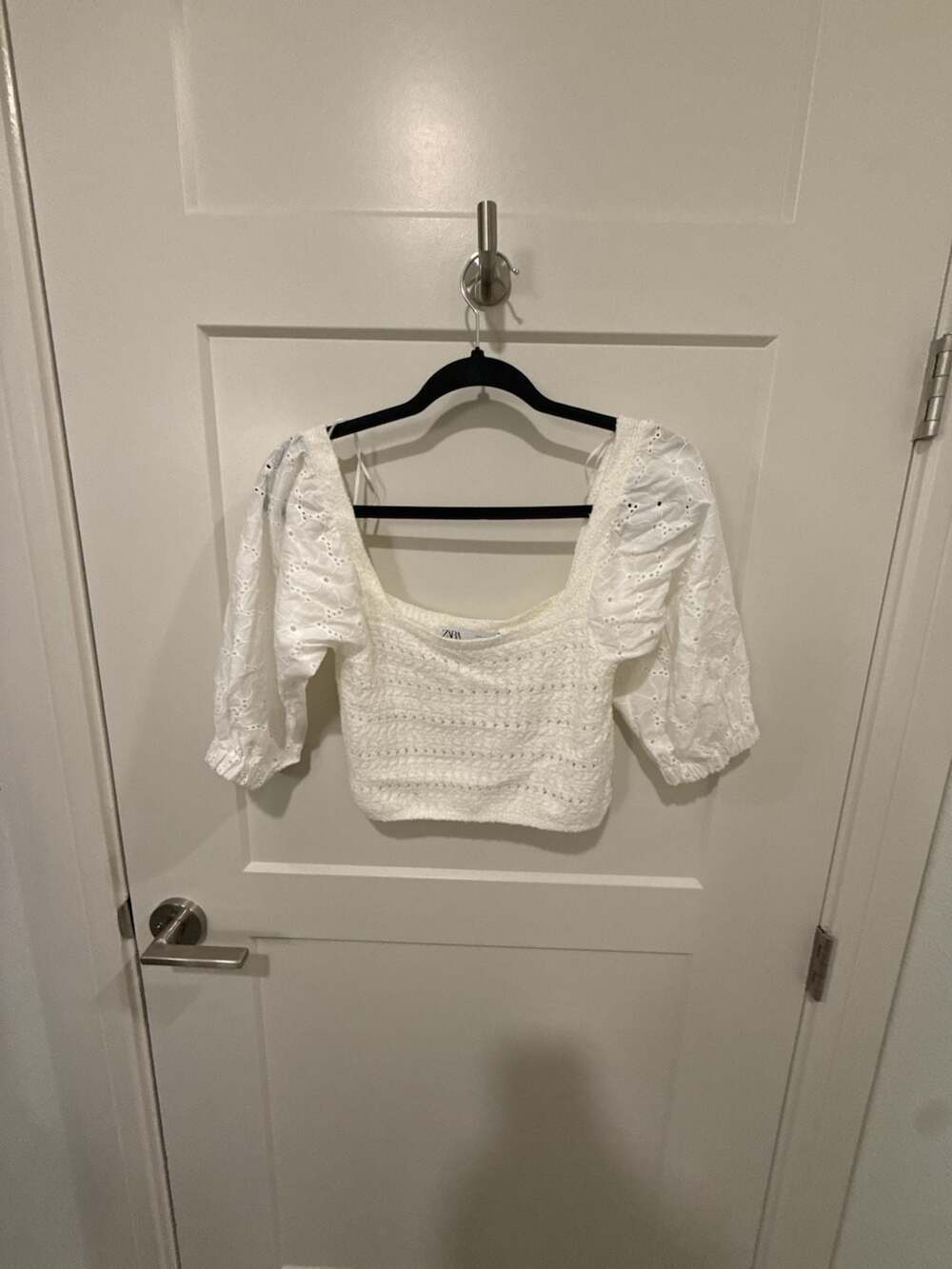 Zara Contrast Knit Eyelet Puff Sleeve Square Neck Crop Top White Small